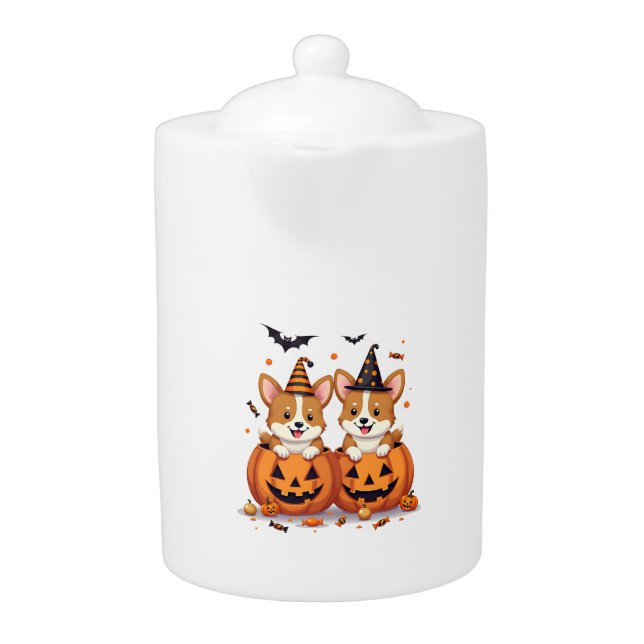 Pumpkin Corgi Party Teapot (Front)