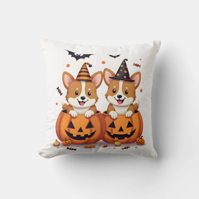Pumpkin Corgi Party Throw Pillow (Front)
