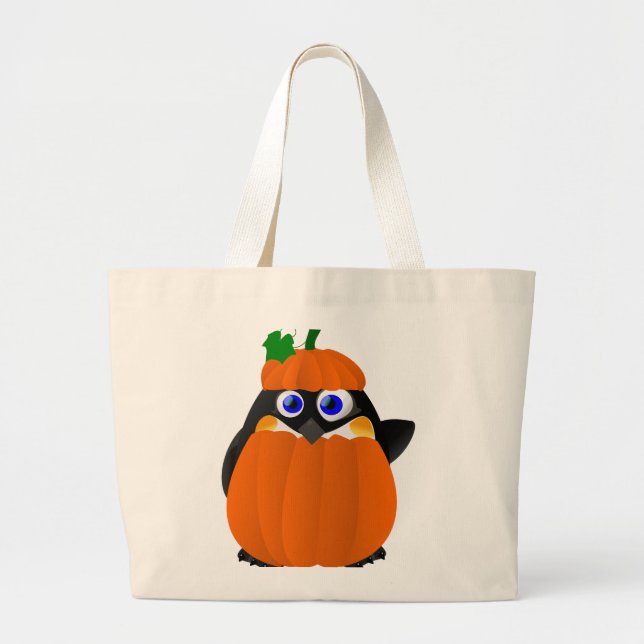 Pumpkin Costume Halloween Penguin Large Tote Bag (Front)