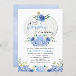 Pumpkin couples baby shower, fall blue greenery invitation