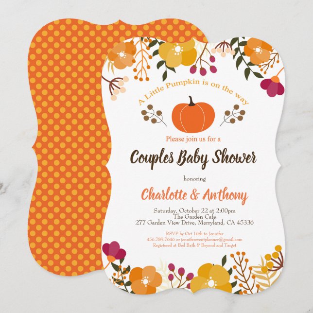 Pumpkin couples baby shower invitation Fall Autumn (Front/Back)