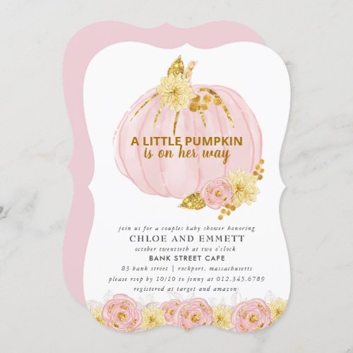 Pumpkin Couples Baby Shower Pink Gold Elegant Invitation