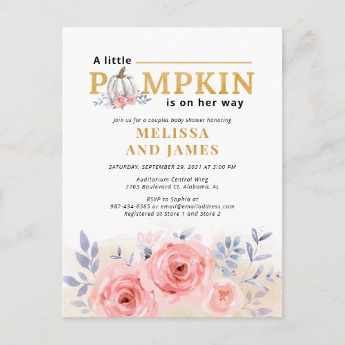 Pumpkin Couples Baby Shower Watercolor Floral Invitation Postcard