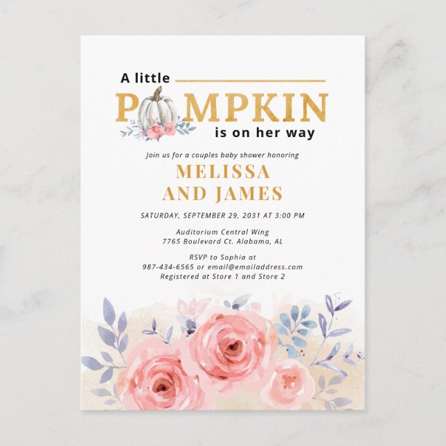 Pumpkin Couples Baby Shower Watercolor Floral Invitation Postcard (Front)
