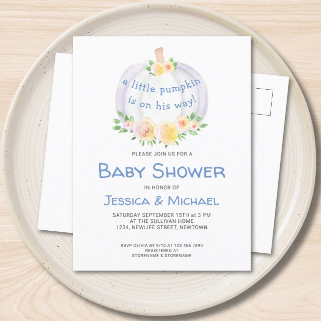  Pumpkin Couples Blue Baby Shower Postcard Invite (Creator Uploaded)