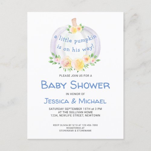  Pumpkin Couples Blue Baby Shower Postcard Invite