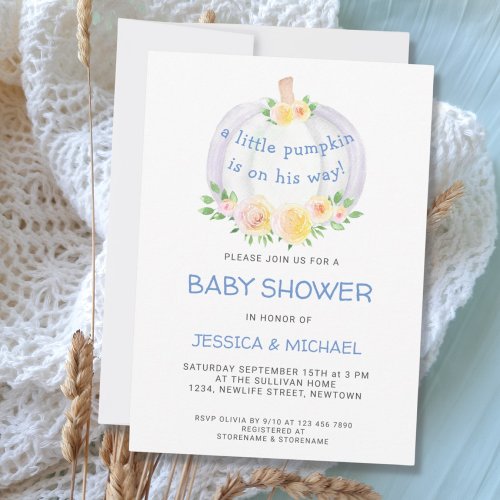 Pumpkin Couples Boys Blue Baby Shower Invitation