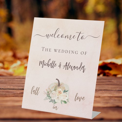 Pumpkin cream blush flowers fall welcome wedding pedestal sign