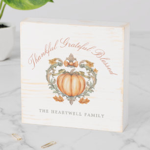 Pumpkin Crest Script Thankful Grateful Blessed Wooden Box Sign