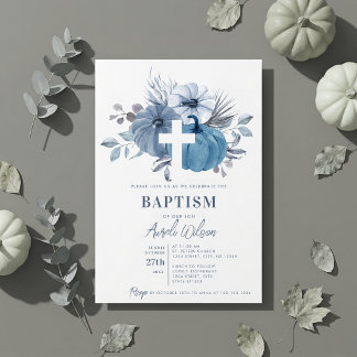 Pumpkin Cross Fall Boy Baptism Dusty Blue Invitation