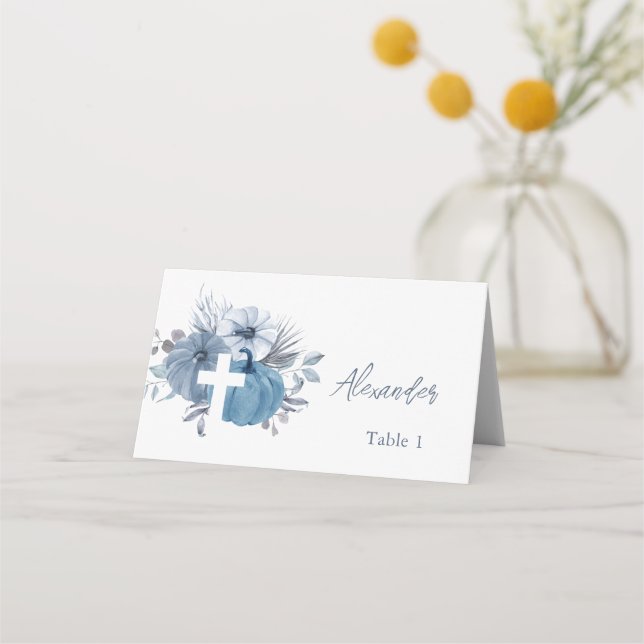 Pumpkin Cross Fall Boy Baptism Place Card (Front)