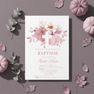 Pumpkin Cross Fall Girl Baptism Dusty Pink Invitation