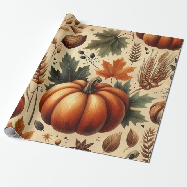 Pumpkin Cute Watercolor Fall & Autumn Thanksgiving Wrapping Paper (Unrolled)