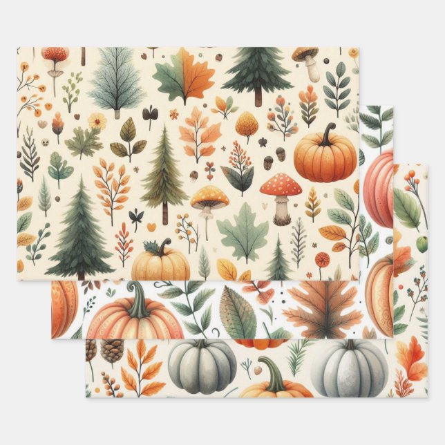 Pumpkin Cute Watercolor Fall & Autumn Thanksgiving Wrapping Paper Sheets (Set)