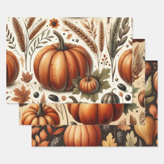 Pumpkin Cute Watercolor Fall & Autumn Thanksgiving Wrapping Paper Sheets (Set)