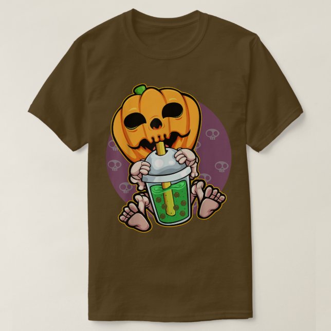 Pumpkin Drinking Boba Lazy Halloween Jack Costume T-Shirt (Design Front)