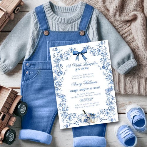 Pumpkin Dusty Blue Whimsical Floral Baby Shower Invitation