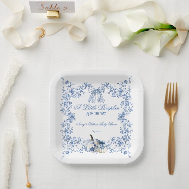 Pumpkin Dusty Blue Whimsical Floral Baby Shower Paper Plates (Wedding)