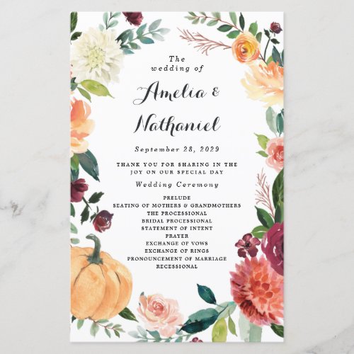 Pumpkin Elegant Autumn Floral Wedding Programs