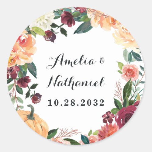 Pumpkin Elegant Fall Floral Rustic Themed Wedding Classic Round Sticker