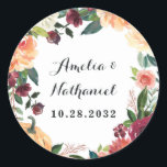 Pumpkin Elegant Fall Floral Rustic Themed Wedding Classic Round Sticker<br><div class="desc">Design features an elegant watercolor floral wreath in shades of burgundy red,  orange,  ivory white,  blush pink and more over fall botanical greenery. An autumn beautiful pumpkin is part of the template with chrysanthemums,  dahlias,  roses,  and more.</div>