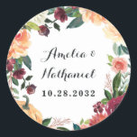 Pumpkin Elegant Fall Floral Rustic Themed Wedding Classic Round Sticker<br><div class="desc">Design features an elegant watercolor floral wreath in shades of burgundy red,  orange,  ivory white,  blush pink and more over fall botanical greenery. An autumn beautiful pumpkin is part of the template with chrysanthemums,  dahlias,  roses,  and more.</div>