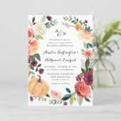 Pumpkin Elegant Fall Floral Rustic Themed Wedding Invitation (Standing Front)