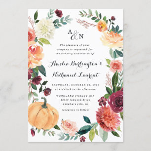 Pumpkin Elegant Fall Floral Rustic Themed Wedding Invitation