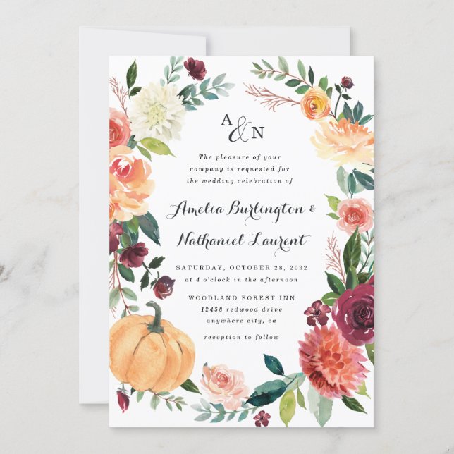 Pumpkin Elegant Fall Floral Rustic Themed Wedding Invitation (Front)