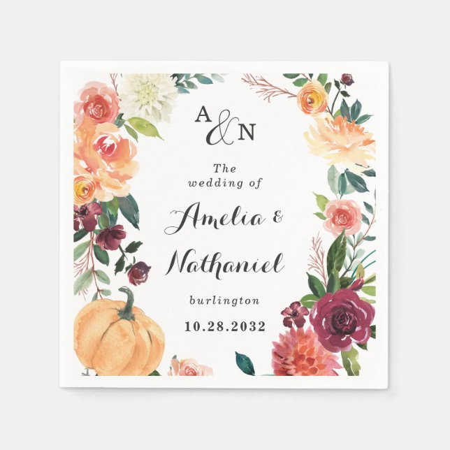 Pumpkin Elegant Fall Floral Rustic Themed Wedding Napkins (Front)