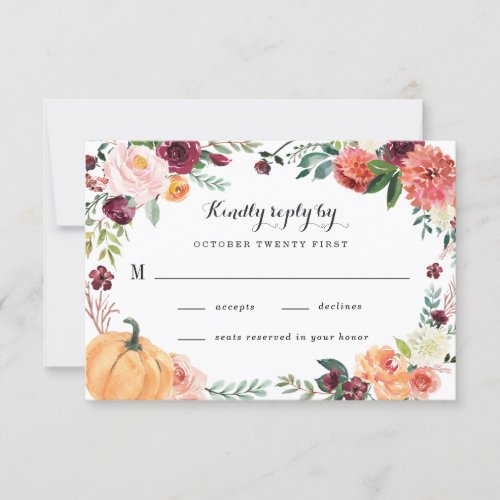 Pumpkin Elegant Fall Floral Rustic Themed Wedding RSVP Card