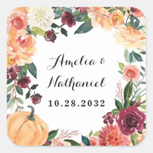 Pumpkin Elegant Fall Floral Rustic Themed Wedding Square Sticker