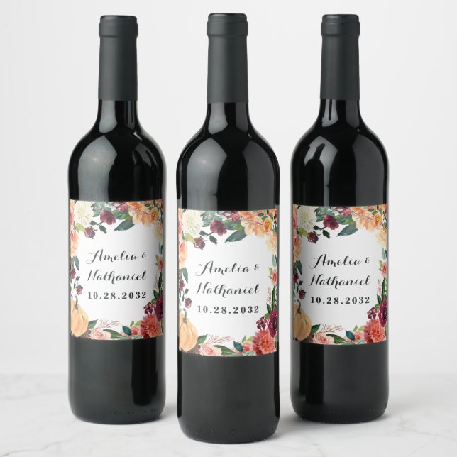 Pumpkin Elegant Fall Floral Rustic Themed Wedding Wine Label (Bottles)