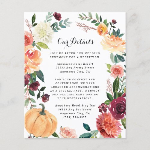 Pumpkin Elegant Fall Floral Wedding Enclosure Card