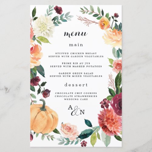 Pumpkin Elegant Fall Floral Wedding Menu Cards