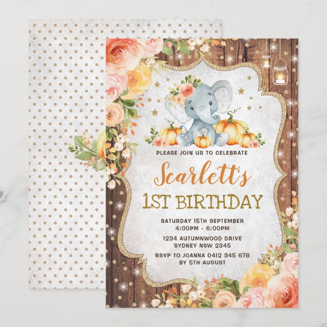 Pumpkin Elephant Birthday Party Fall Autumn Floral Invitation (Front/Back)