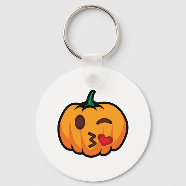 Pumpkin Emoji One Eye Open Wink Blow Kiss Love Fun Keychain (Front)
