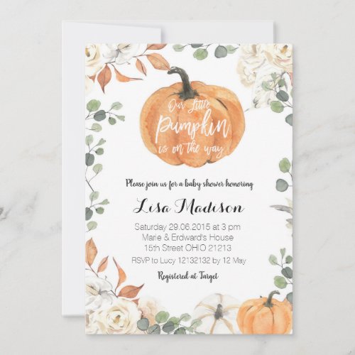 Pumpkin eucalyptus gender neutral baby shower Fall Invitation