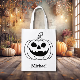 Pumpkin Face Jack O Lantern With Name Grocery Bag