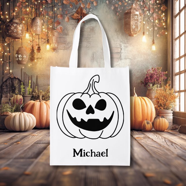 Pumpkin Face Jack O Lantern With Name Grocery Bag (Creator Uploaded)