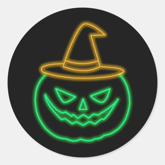 Pumpkin Face Orange Green Glow Effect Halloween Classic Round Sticker (Front)
