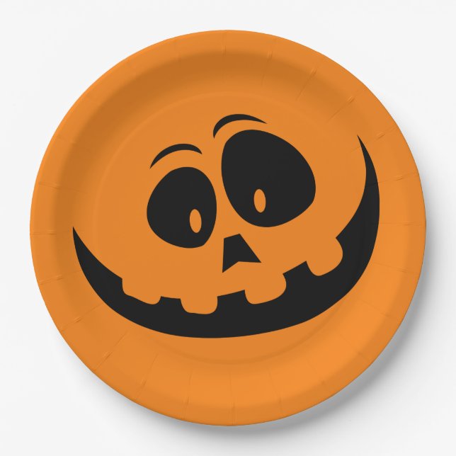 Pumpkin Face Orange Halloween Paper Plates (Front)