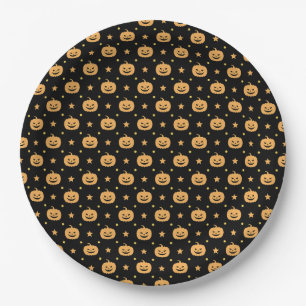 Pumpkin Face Pattern Black Orange Halloween Party Paper Plates