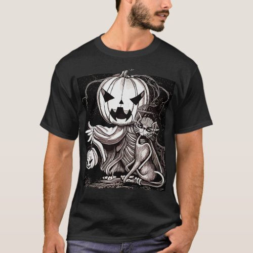 Pumpkin face scary with cat in dark forest and ful T_Shirt