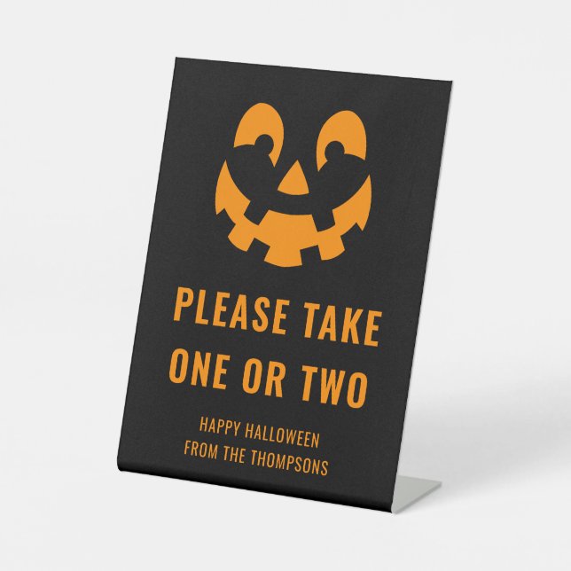 Pumpkin Face Shape Black Trick Or Treaters Note Pedestal Sign (Front)