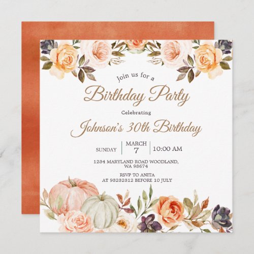 Pumpkin Fall 30th Birthday Party Rustic Floral Invitation