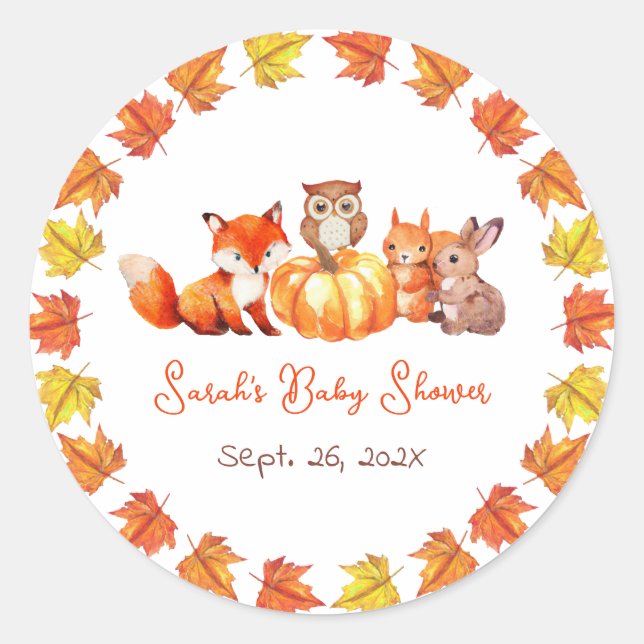 Pumpkin Fall Baby Shower Autumn Leaves & Animals  Classic Round Sticker (Front)
