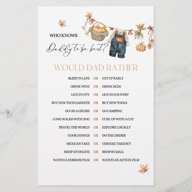 Pumpkin Fall Baby Shower Daddy Game (Front)