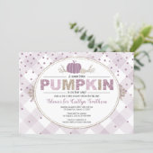 Pumpkin fall baby shower gingham confetti purple invitation (Standing Front)