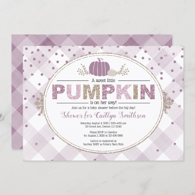 Pumpkin fall baby shower gingham confetti purple invitation (Front/Back)